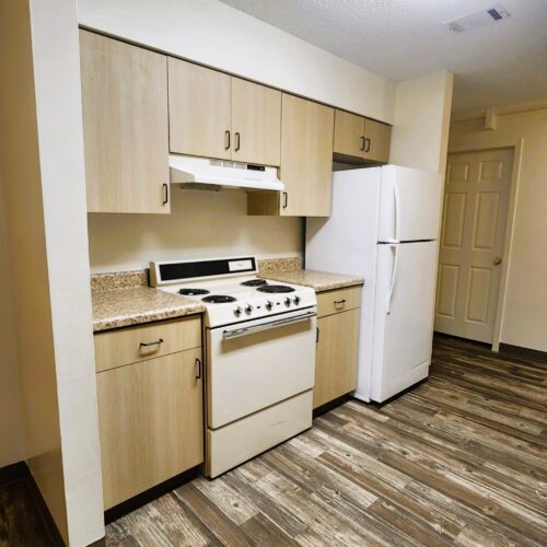 Apartment kitchen photo with stove, refrigerator and cabinets